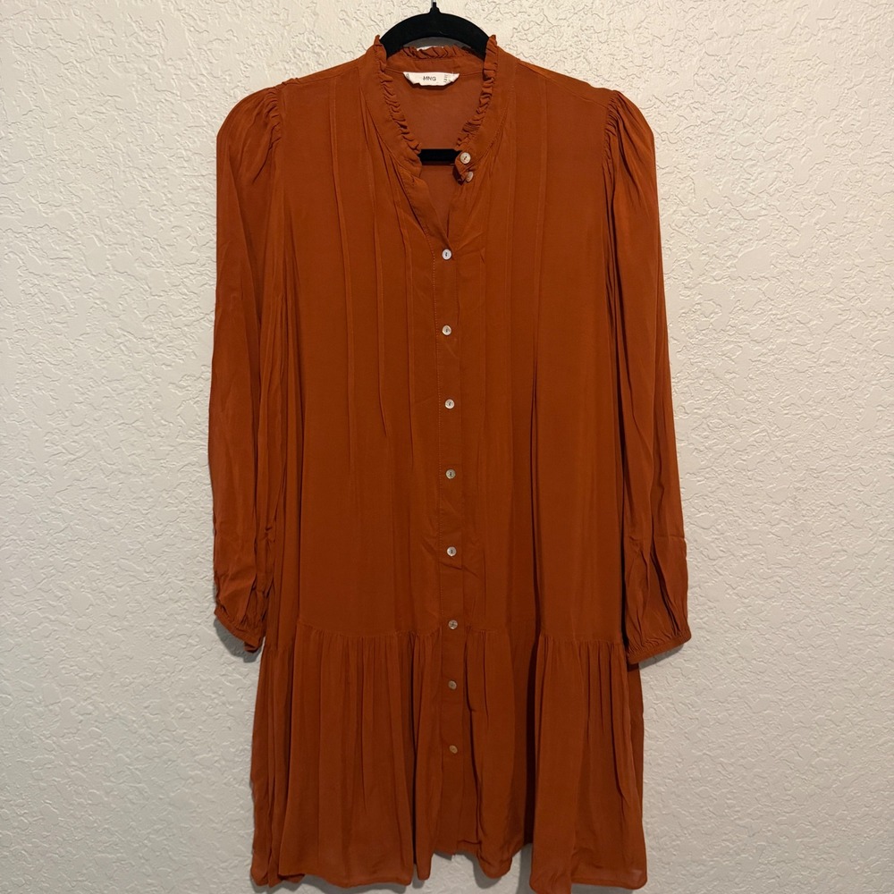 Mango Ruffle Neck Button Down Dress 4 Rust Boho Cottagecore - Picture 2 of 8